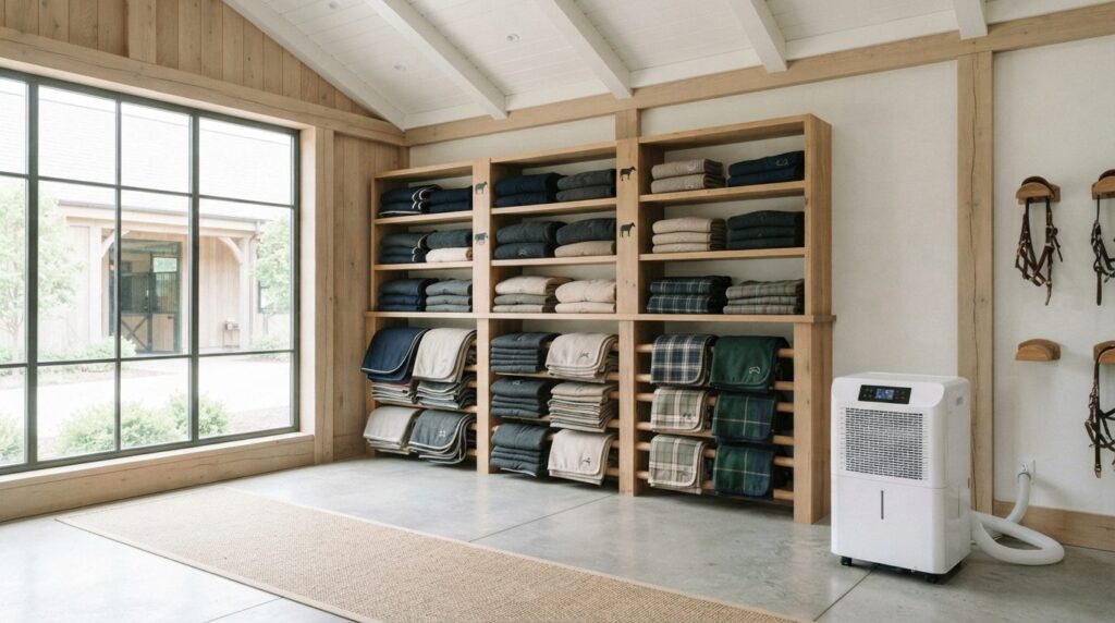 Wide view of a climate-controlled horse equipment storage ro