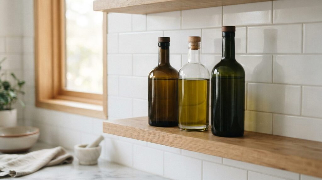 Close-up of three premium olive oil glass bottles arranged o