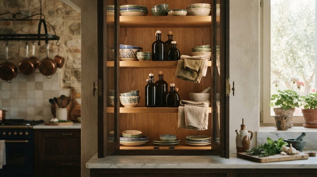 Elegant open kitchen shelving with premium Sicilian olive oi
