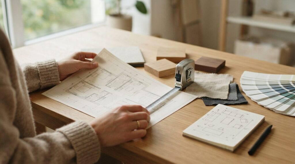 Close-up of hands holding architectural floor plan and tape 