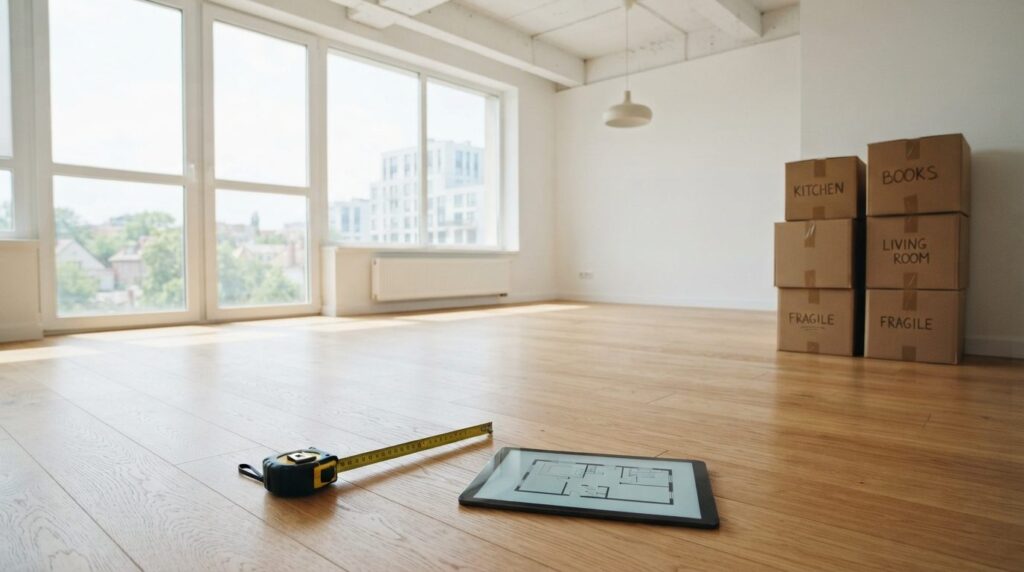 Modern living room interior with empty apartment space, meas