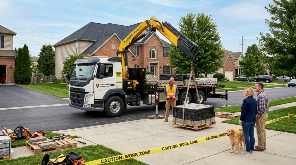 Wide-angle professional stock photo of a residential drivewa