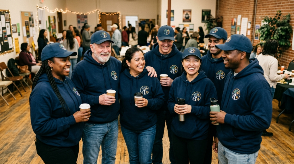 Candid photograph of diverse group members wearing matching 
