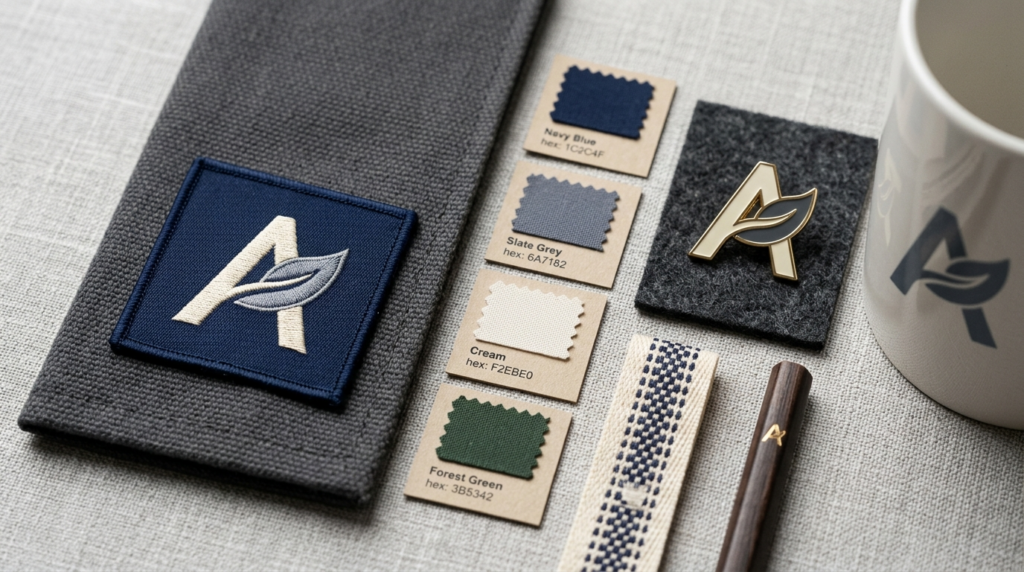 Close-up detail shot of branded merchandise items arranged o