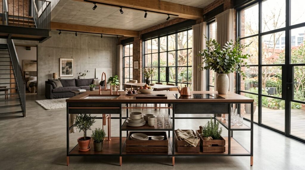 Wide shot of a curated standalone kitchen island in a contem