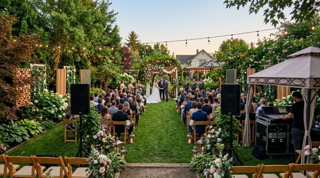 Wide-angle view of a beautiful backyard garden wedding setup