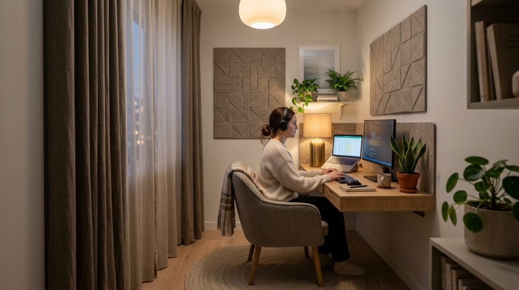 Professional interior design photograph of cozy home office 