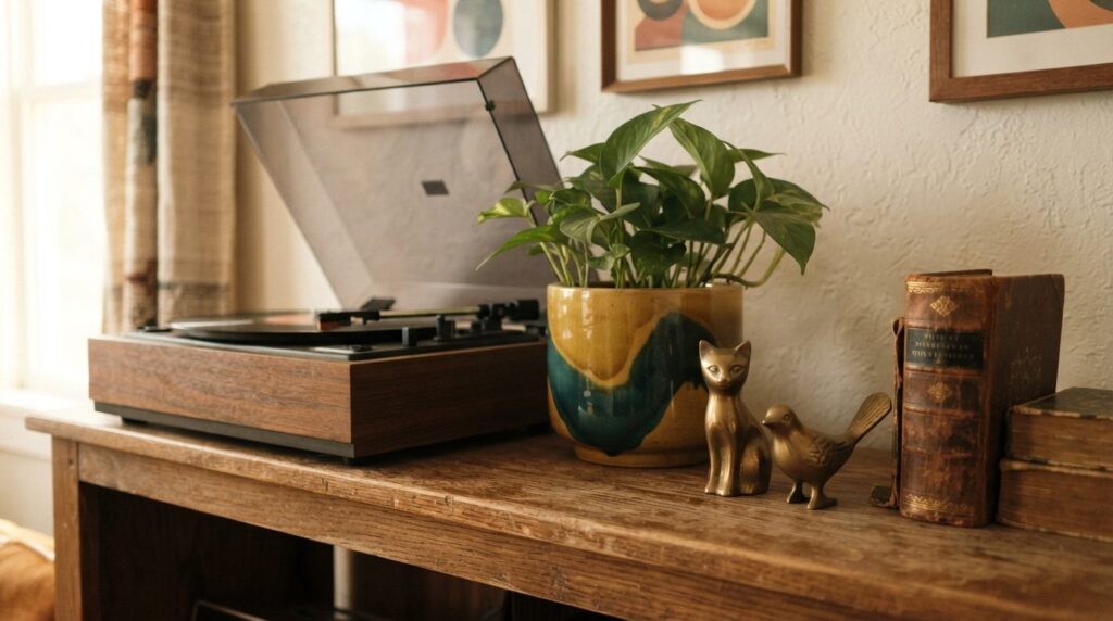 Close-up detail shot of carefully curated retro home decor a