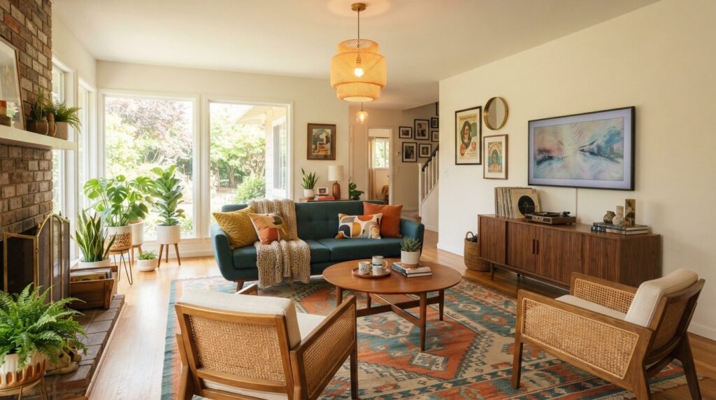 A balanced living room interior blending retro 1960s element