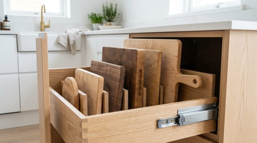Close-up shot of a kitchen drawer interior with a custom woo
