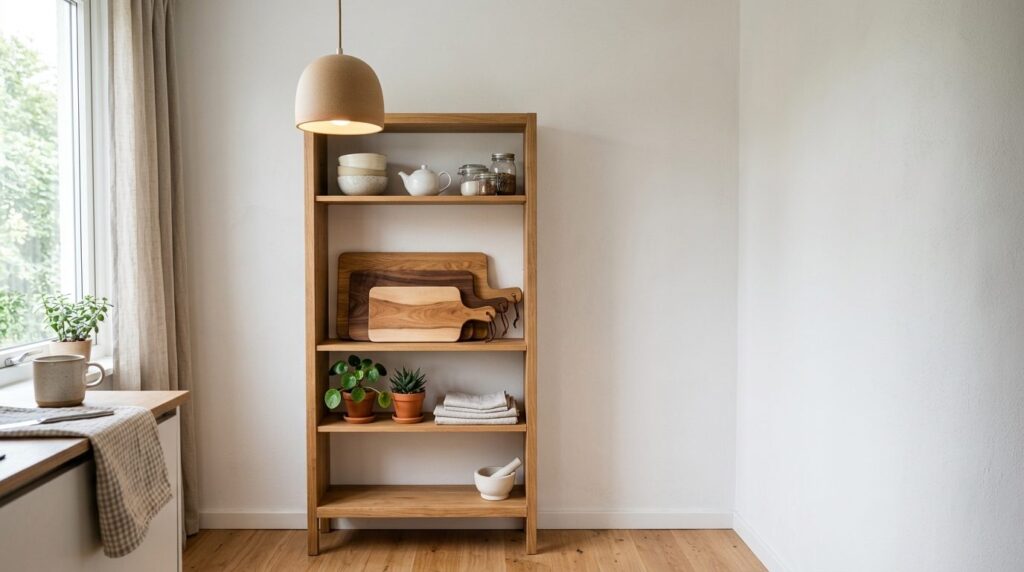 Minimalist kitchen corner featuring a tall narrow wooden cab