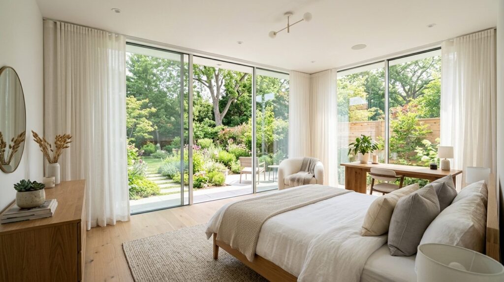 Bright airy bedroom with floor-to-ceiling windows, immaculat
