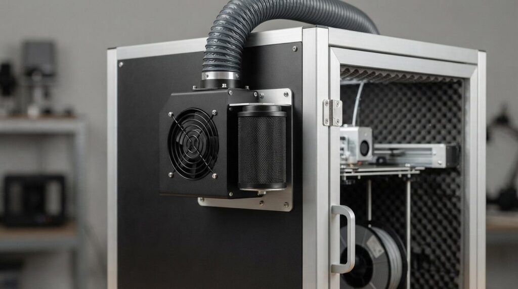 Close-up detail shot of a 3D printer with integrated ventila