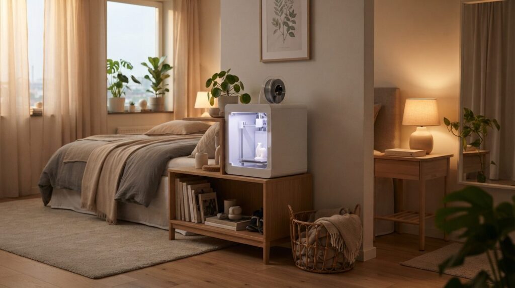 Cozy apartment bedroom with a compact enclosed 3D printer po