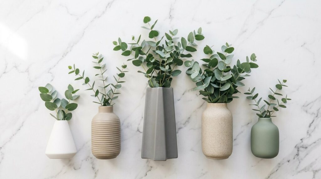 Flat lay overhead shot of five different Scandinavian design