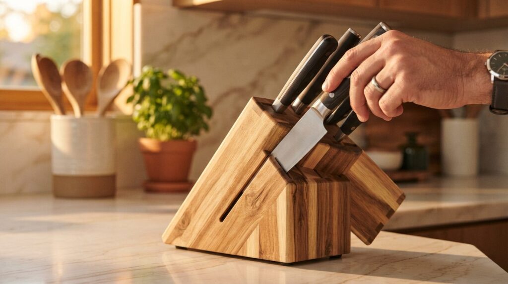 Close-up detail shot of a hand placing a chefs knife into a