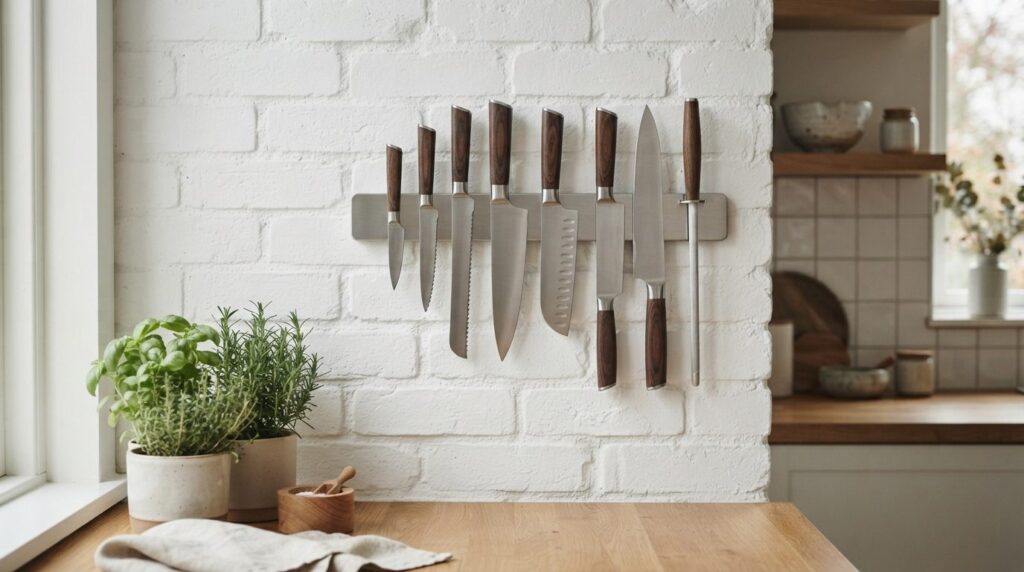 Stylish kitchen wall storage: Horizontal magnetic knife stri