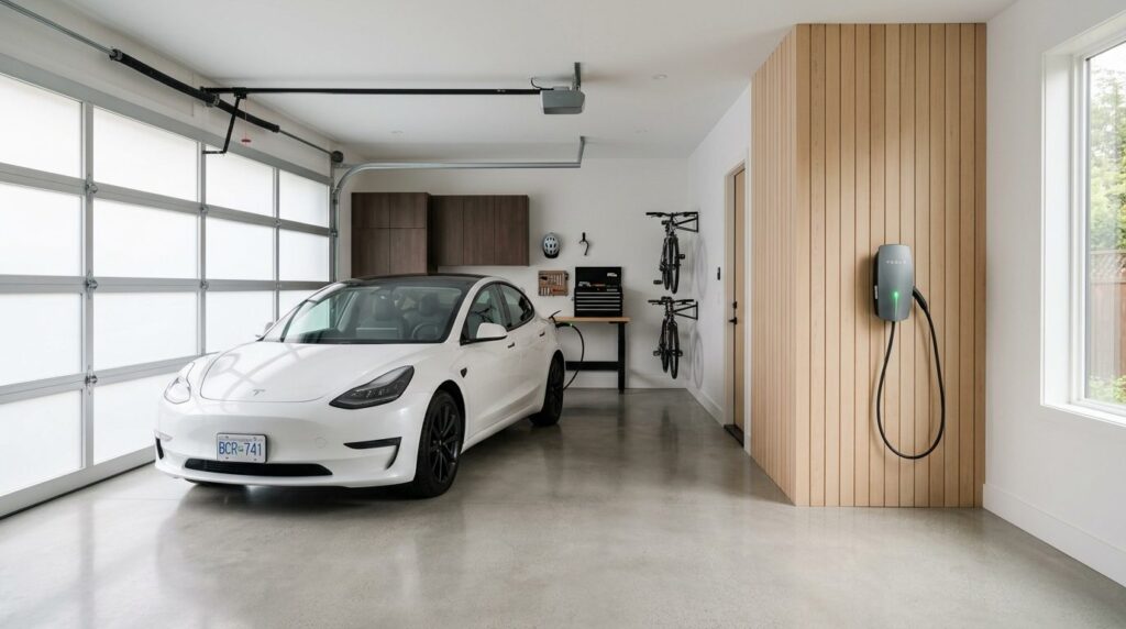 Modern residential home garage interior with a white Tesla p