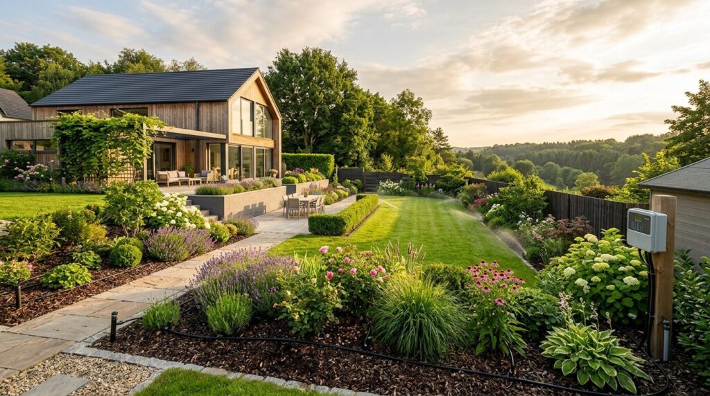 Wide landscape view of a well-maintained residential garden 