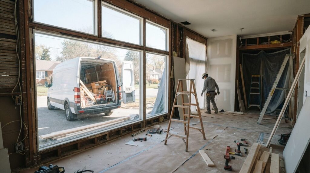 Wide-angle photograph of an interior home renovation scene w