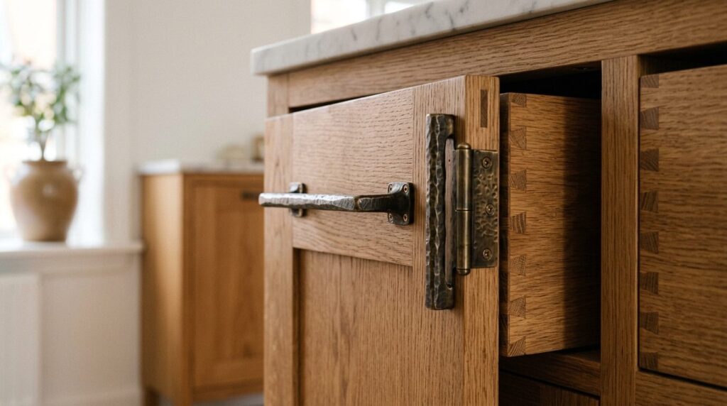 Close-up detail shot of handcrafted wooden kitchen cabinet j