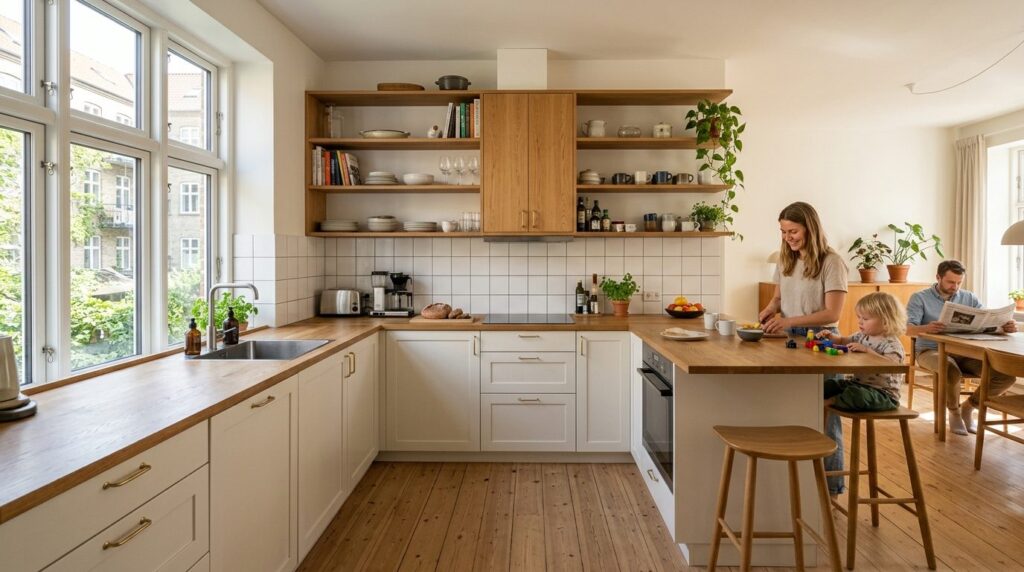 Wide angle shot of custom carpenter kitchen in contemporary 