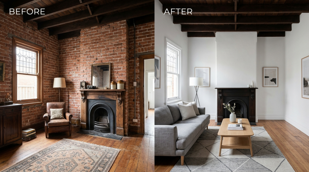 Before and after split-screen interior design photograph: le